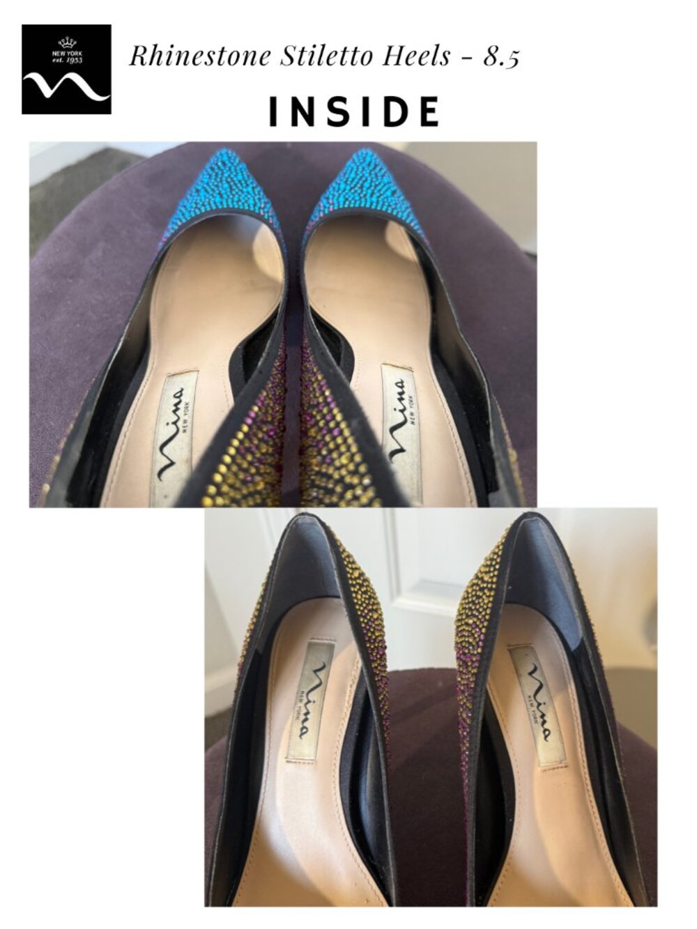 Nina Rhinestone Stiletto Heels - Pointed Toe Multicolor Party Pumps 8.5 - Picture 4 of 12